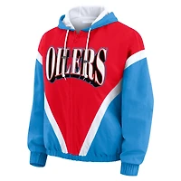Coupe-vent à capuche entièrement zippé et froissé rétro rouge/bleu clair des Titans du Tennessee pour femmes par Erin Andrews