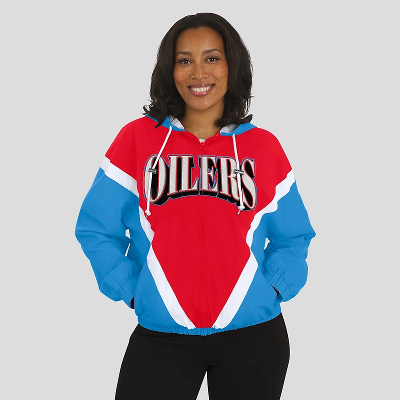 Coupe-vent à capuche entièrement zippé et froissé rétro rouge/bleu clair des Titans du Tennessee pour femmes par Erin Andrews