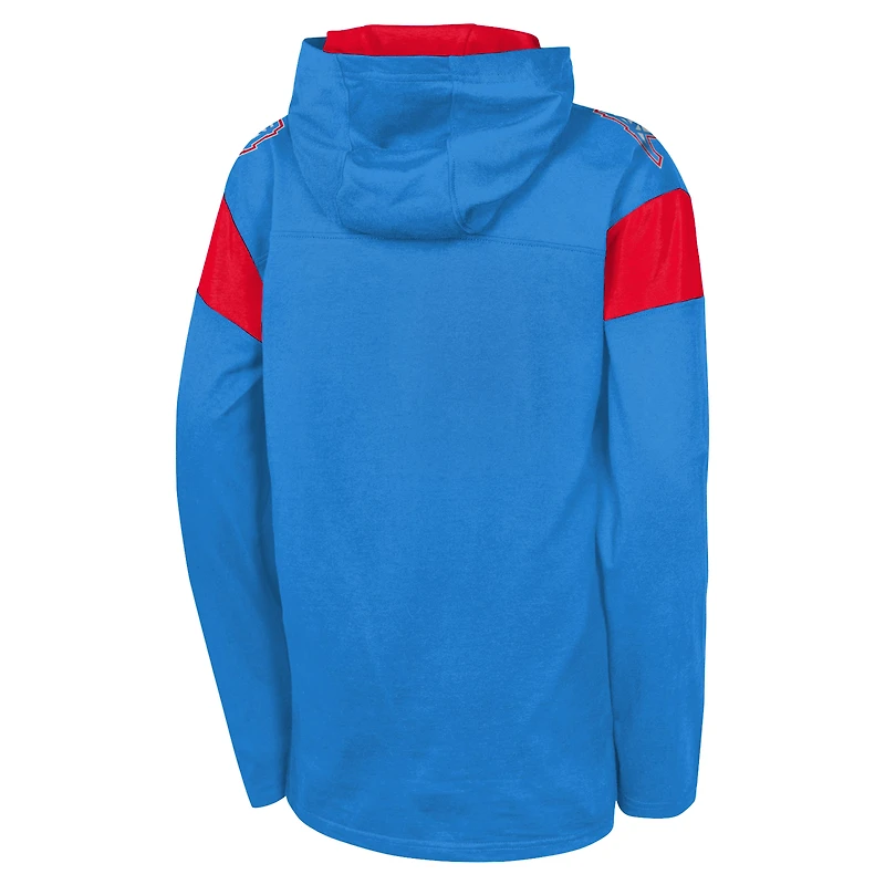 T-shirt à capuche manches longues rétro bleu clair pour jeunes Houston Oilers The Champ is Here