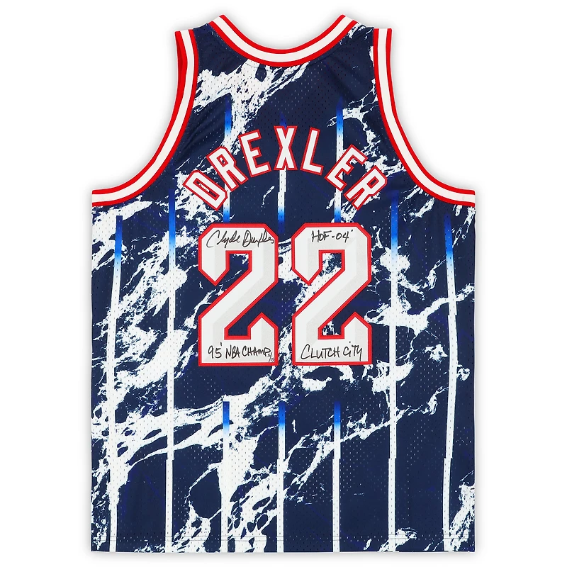 Maillot Swingman autographié par Clyde Drexler Houston Rockets, bleu marine, avec inscriptions multiples, édition limitée de 15 exemplaires, Mitchell & Ness 1996-1997