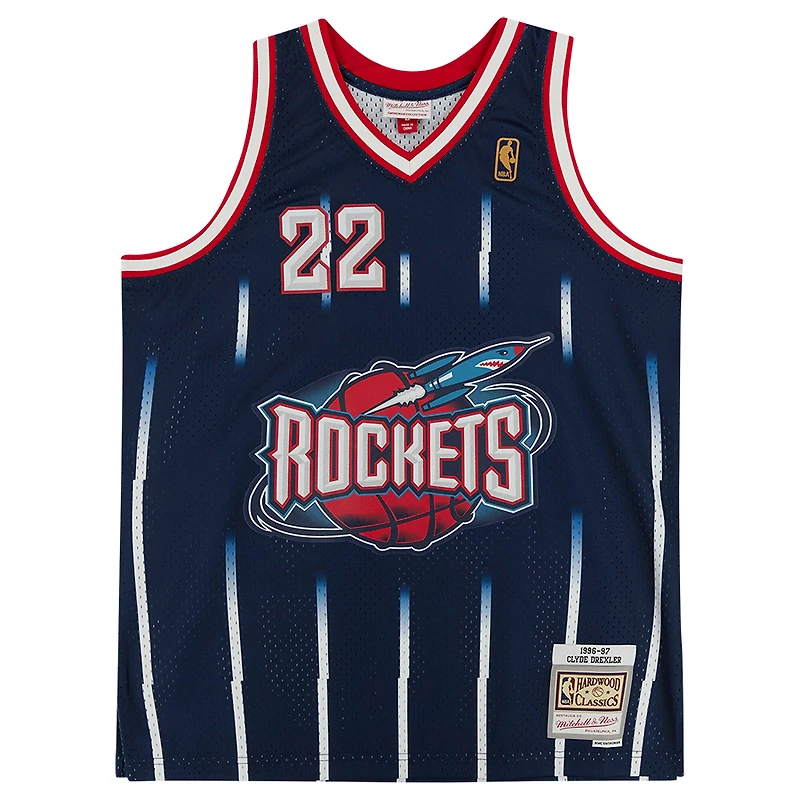 Maillot réplique autographié par Clyde Drexler des Houston Rockets de la marine Mitchell & Ness 1995-96 avec inscription « Clutch City »