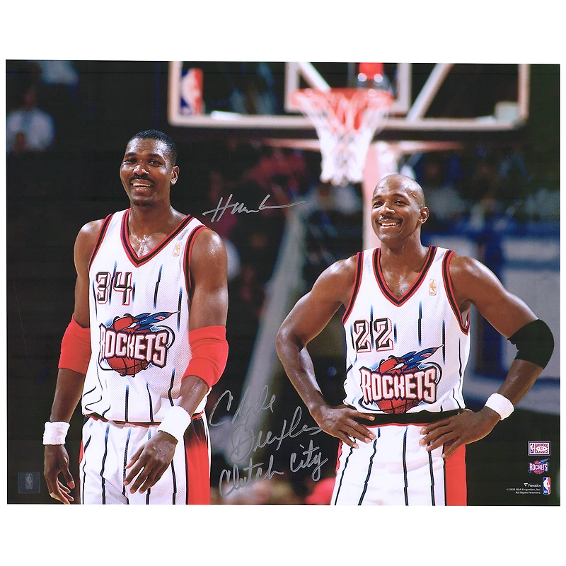 Hakeem Olajuwon & Clyde Drexler Houston Rockets Autograph 16" x 20" Photograph with "Clutch City" Inscription