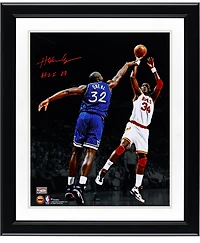 Hakeem Olajuwon Houston Rockets Autographed 11" x 14" Jump Shot Over Shaquille O'Neal Spotlight Photograph with "HOF 08" Inscription