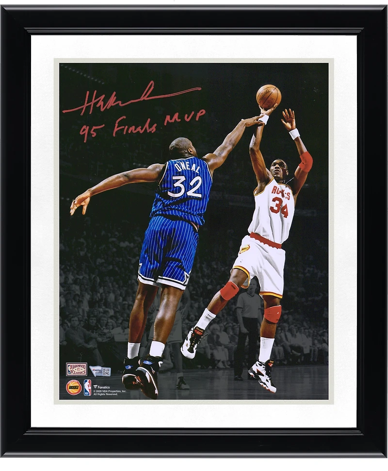 Hakeem Olajuwon Houston Rockets Autographed 11" x 14" Spotlight Shot Over Shaquille O'Neal Photograph with "95 Finals MVP" Inscription