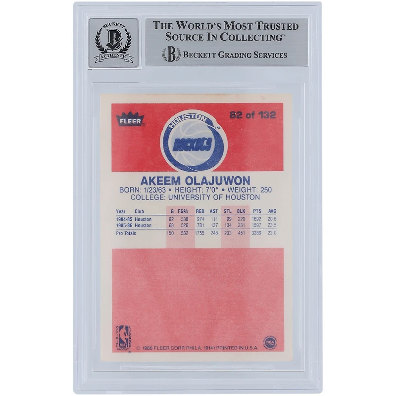 Hakeem Olajuwon Houston Rockets Autographed 1986-87 Fleer #82 Beckett Fanatics Witnessed Authenticated 10 Rookie Card 