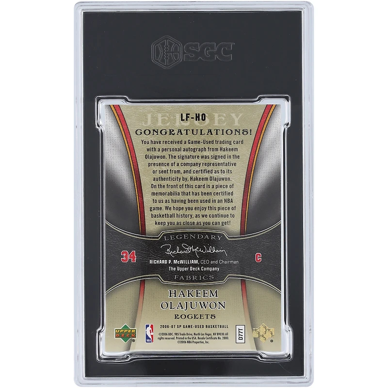 Hakeem Olajuwon Houston Rockets Autographed 2006-07 Upper Deck SP Game Used Legendary Fabrics Jersey Relic #LF-HO #12/50 SGC Authenticated 9 Card