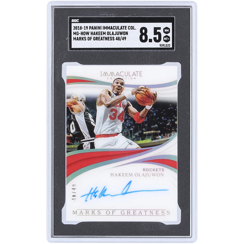 Hakeem Olajuwon Houston Rockets Autographed 2018-19 Panini Immaculate Collection Marks Of Greatness #MG-HOW #48/49 SGC Authenticated 8.5 Card