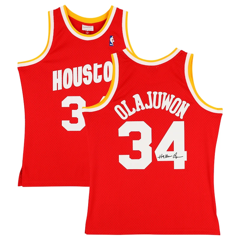 Maillot Swingman autographié Mitchell & Ness rouge 1993-94 des Houston Rockets par Hakeem Olajuwon