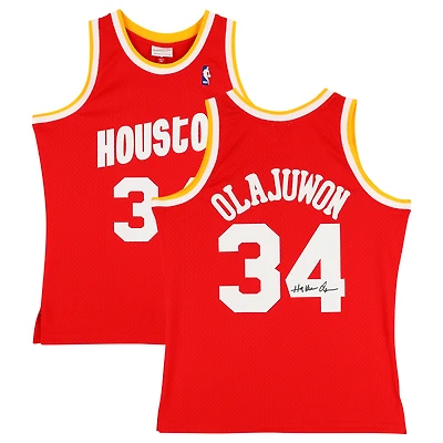 Maillot Swingman autographié Mitchell & Ness rouge 1993-94 des Houston Rockets par Hakeem Olajuwon