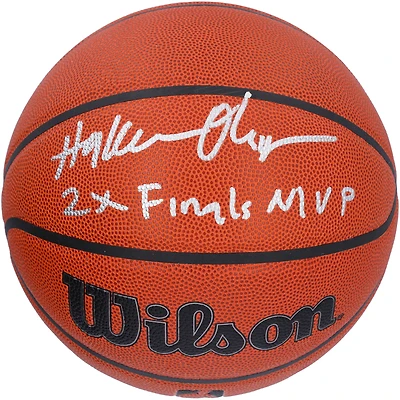 Ballon de basket d'intérieur/extérieur Wilson Authentic Series autographié par Hakeem Olajuwon des Houston Rockets avec inscription « 2x Finals MVP »
