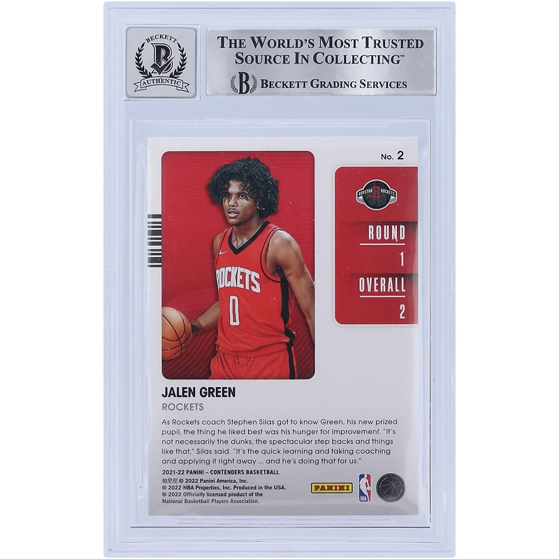 Carte de recrue 10 authentifiée Beckett Fanatics 2021-22 de classe 2 des Panini Contenders 2021 dédicacée par Jalen Green des Houston Rockets