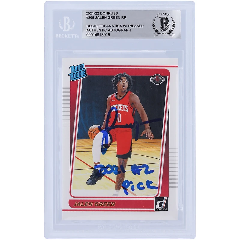 Jalen Green Houston Rockets Carte de recrue authentifiée 2021-22 Panini Donruss classée Rookie #209 Beckett Fanatics a été témoin d'une carte de recrue authentifiée avec l'inscription "2021 #2 Pick"