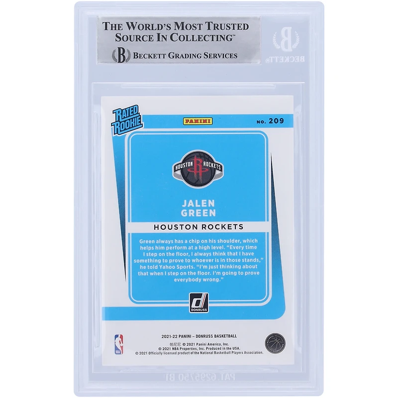 Jalen Green Houston Rockets Carte de recrue authentifiée 2021-22 Panini Donruss classée Rookie #209 Beckett Fanatics a été témoin d'une carte de recrue authentifiée avec l'inscription "2021 #2 Pick"