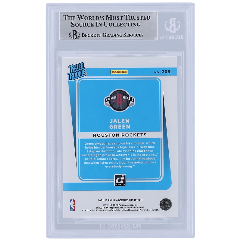 Jalen Green Houston Rockets Autographed 2021-22 Panini Donruss Rated Rookie #209 Beckett Fanatics Witnessed Authenticated Rookie Card with "Unicorn" Inscription
