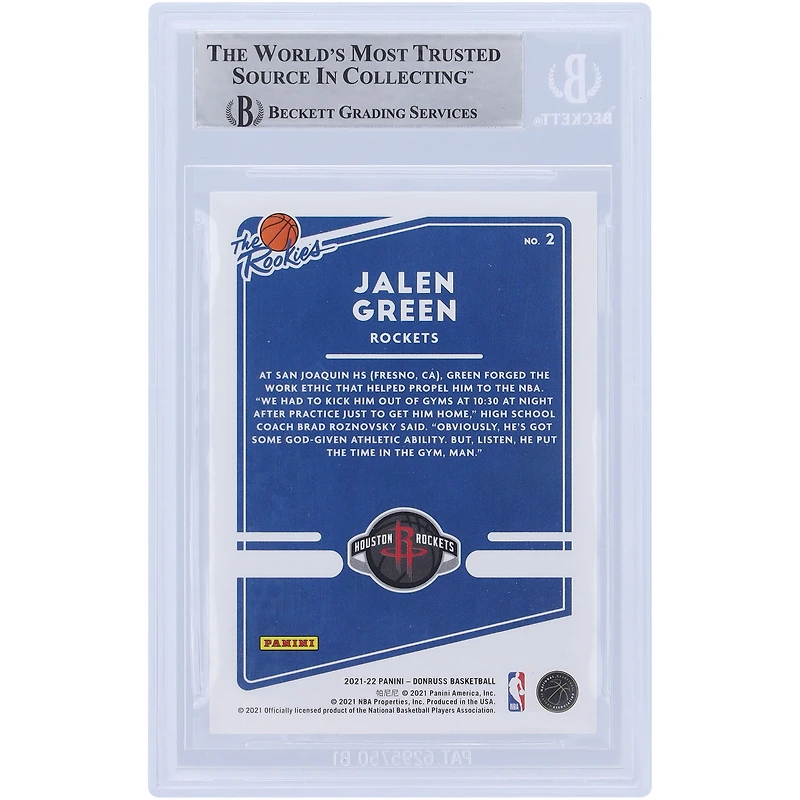Carte de recrue authentifiée autographiée par Jalen Green Houston Rockets 2021-22 Panini Donruss The Rookies #2 Beckett Fanatics