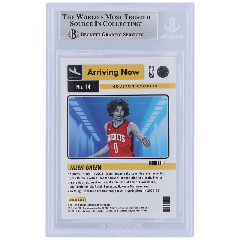 Jalen Green Houston Rockets Autographed 2021-22 Panini Hoops Arriving Now #14 Beckett Fanatics Witnessed Authenticated Rookie Card