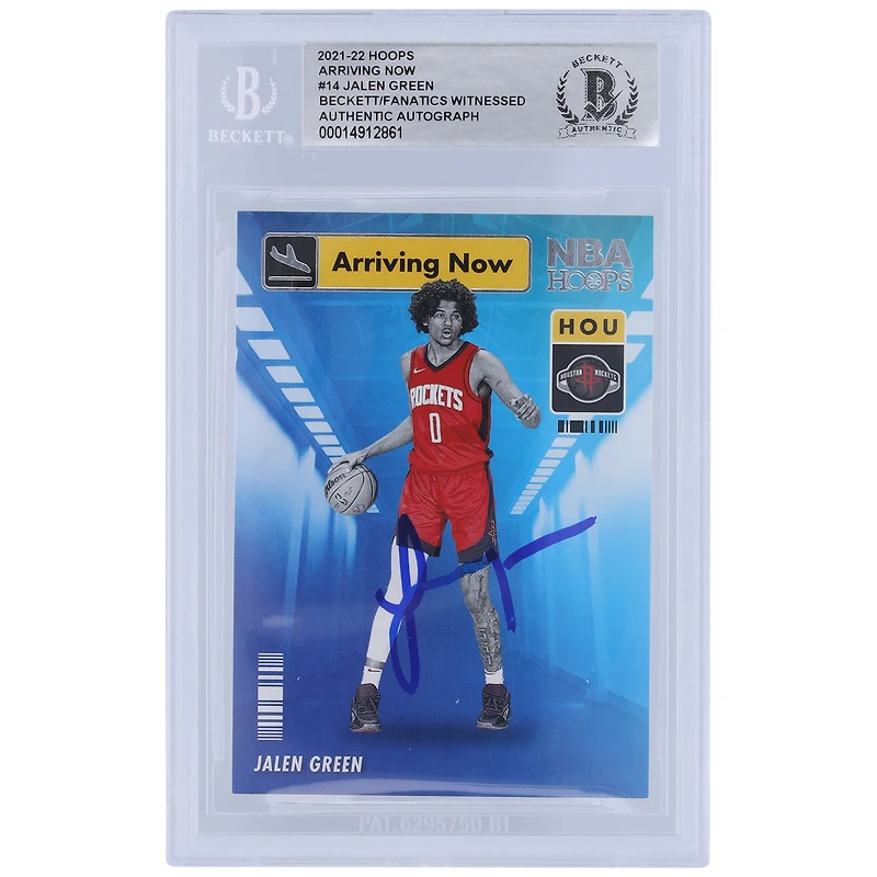 Carte recrue authentifiée Jalen Green (Houston Rockets) n° 14, signée par Fanatics Witnessed, collection Panini Hoops 2021-22. Disponible dès maintenant.