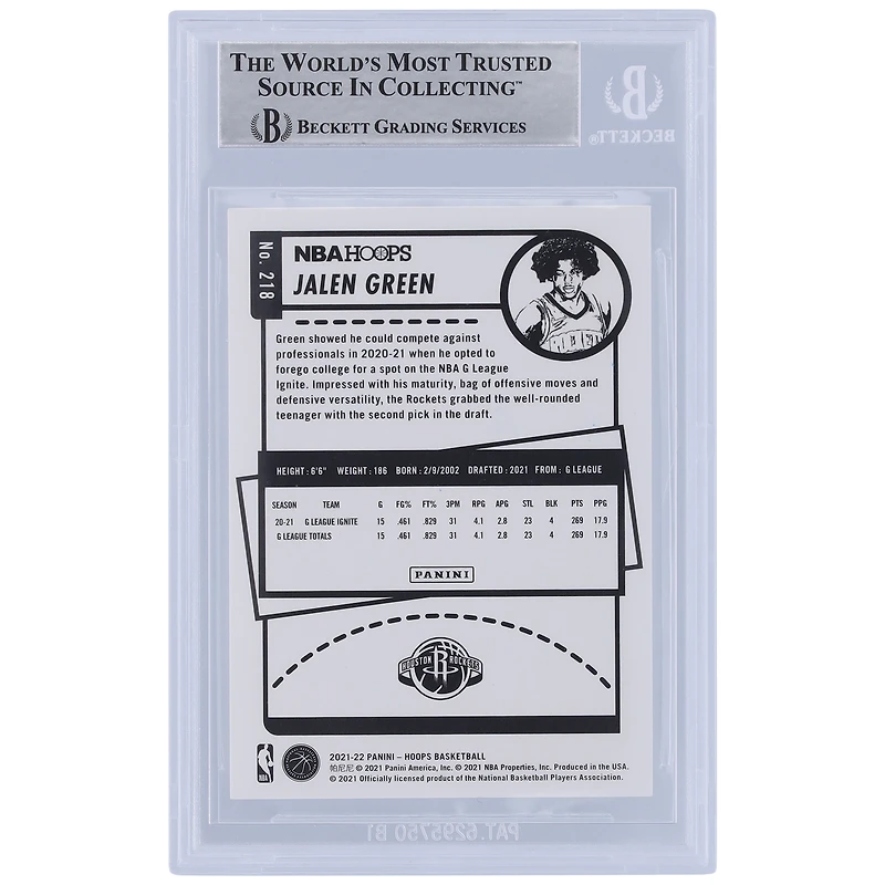 Jalen Green Houston Rockets Autographed 2021-22 Panini Hoops #218 Beckett Fanatics Witnessed Authenticated Rookie Card with "Unicorn" Inscription