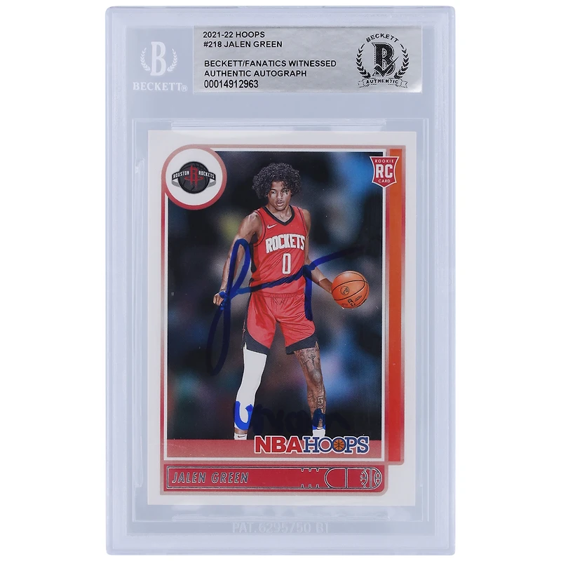 Carte de recrue authentifiée 2021-22 Panini Hoops #218 signée Jalen Green Houston Rockets par les fanatiques de Beckett avec l'inscription « Unicorn »