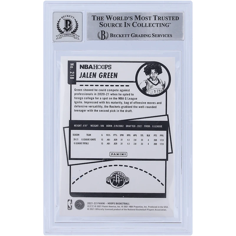 Jalen Green Houston Rockets Carte de recrue Panini NBA Hoops #218 Beckett 2021-22 autographiée par les fanatiques de Beckett avec l'inscription « Unicorn »