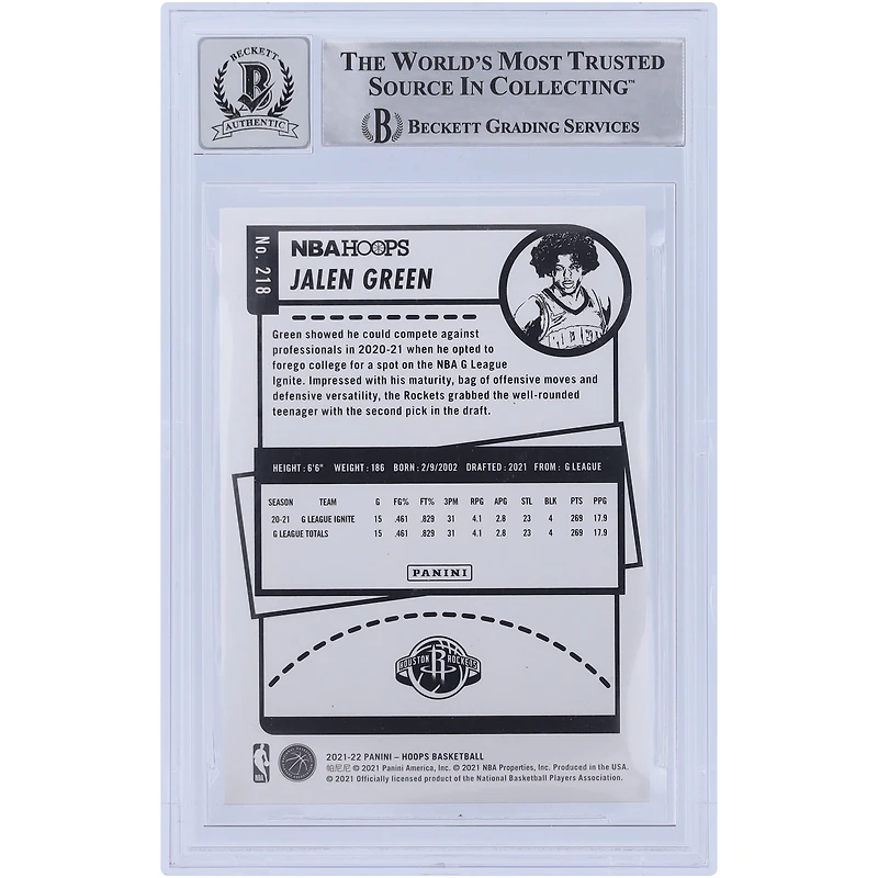 Carte de recrue Panini NBA Hoops #218 Beckett 2021-22 autographiée par Jalen Green Houston Rockets, carte de recrue authentifiée 10 par les fanatiques de Beckett