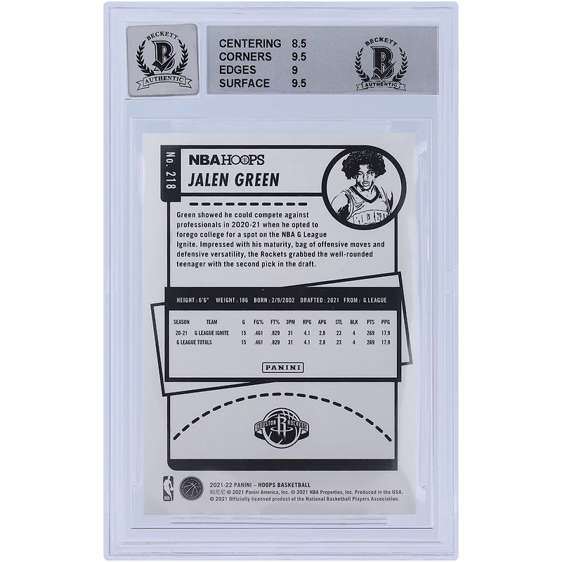 Jalen Green Houston Rockets Autographed 2021-22 Panini NBA Hoops #218 Beckett Fanatics Witnessed Authenticated /10 Rookie Card