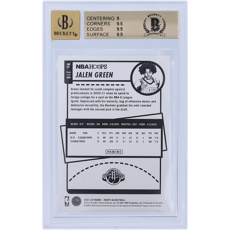 Jalen Green Houston Rockets Autographed 2021-22 Panini NBA Hoops #218 Beckett Fanatics Witnessed Authenticated 9.5/10 Rookie Card - 9/9.5/9.5/9.5 Subgrades