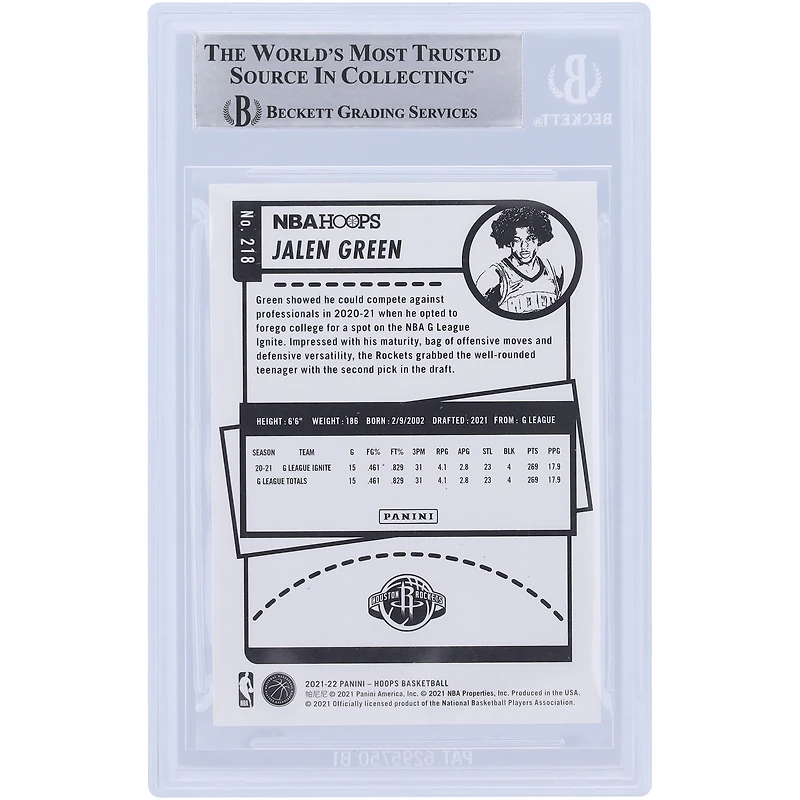 Jalen Green Houston Rockets Autographed 2021-22 Panini NBA Hoops #218 Beckett Fanatics Witnessed Authenticated Rookie Card with "2021 #2 Pick" Inscription