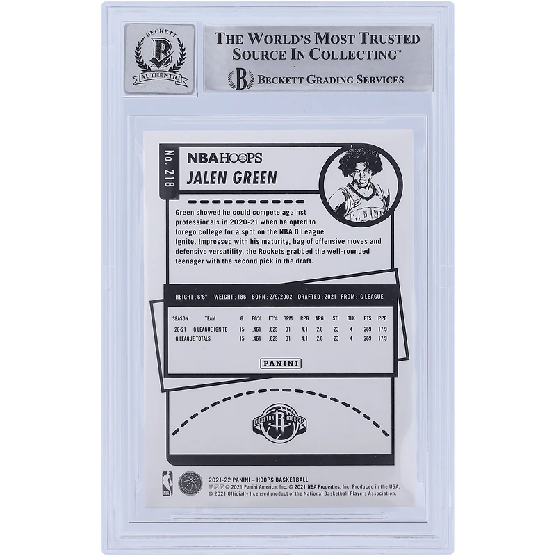 Jalen Green Houston Rockets Carte de recrue Panini NBA Hoops Purple Variation #218 Beckett 2021-22 autographiée par les fanatiques