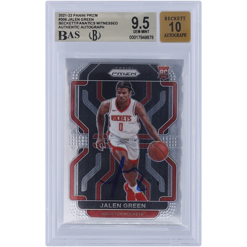 Carte de recrue Panini Prizm n° 306 2021-22 autographiée par Jalen Green des Houston Rockets, Beckett Fanatics Witnessed Authenticated 9.5/10