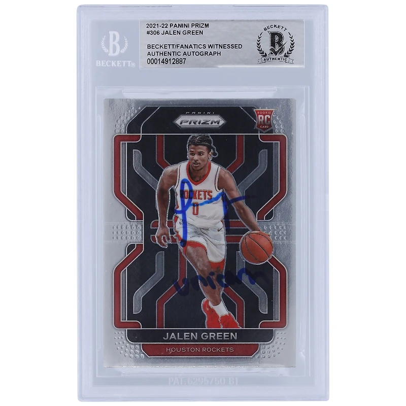 Carte de recrue authentifiée 2021-22 Panini Prizm #306 signée Jalen Green Houston Rockets avec l'inscription « Unicorn » et présentée par les fans de Beckett