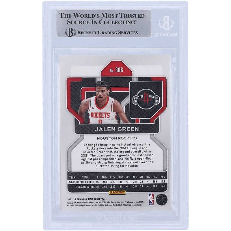 Carte de recrue authentifiée signée Jalen Green Houston Rockets 2021-22 Panini Prizm #306 Beckett Fanatics