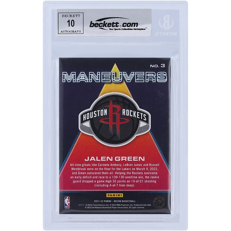 Jalen Green Houston Rockets Autographié 2021-22 Panini Recon Maneuvers #3 Beckett Fanatics Witnessed Authenticated 10 Rookie Card