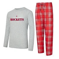 Men's Concepts Sport Red/Heather Gray Houston Rockets Regulate Long Sleeve T-Shirt & Plaid Pant Set