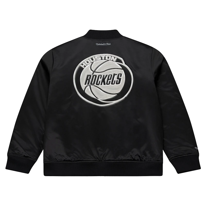 Veste bomber zippée Mitchell & Ness noire Houston Rockets en satin chromé pour homme