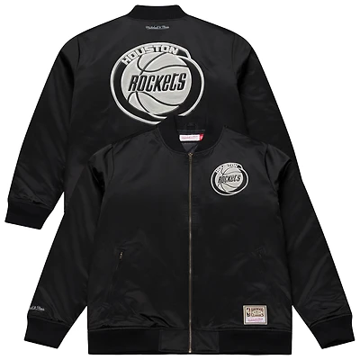 Veste bomber zippée Mitchell & Ness noire Houston Rockets en satin chromé pour homme