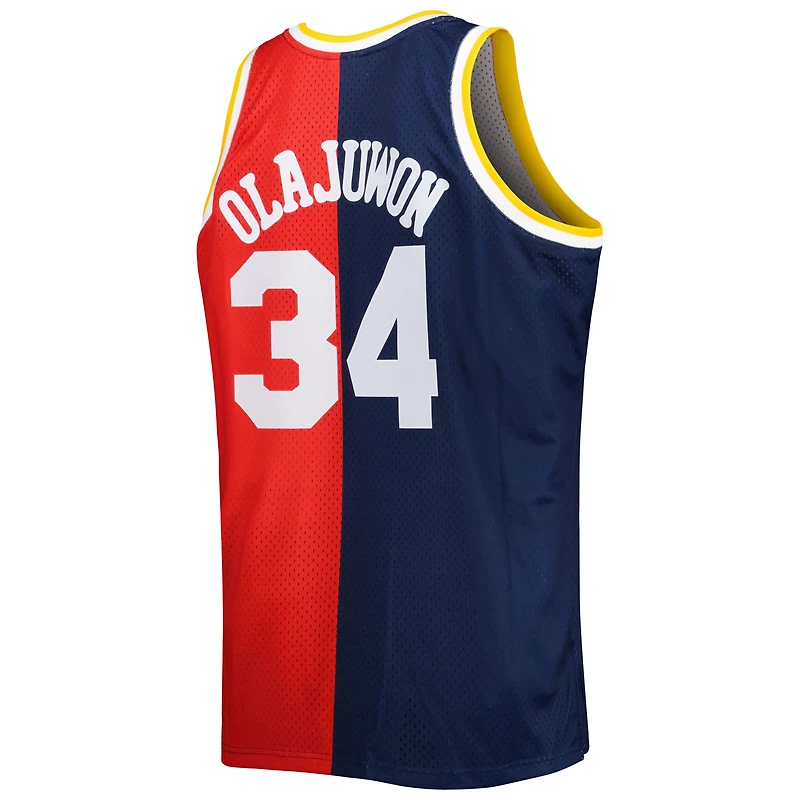Homme Mitchell & Ness Hakeem Olajuwon Marine/Rouge Houston Rockets Big Tall Hardwood Classics 1993/94 Split Swingman Jersey