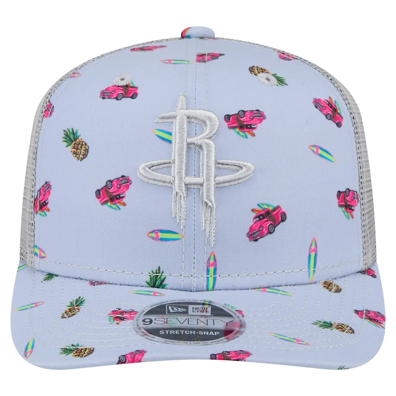 Casquette extensible à boutons-pression New Era bleu clair/gris Houston Rockets Adventure Aloha Pattern 9SEVENTY pour homme