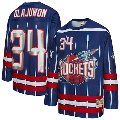 Maillot de hockey unisexe Mitchell & Ness Hakeem Olajuwon bleu marine des Houston Rockets Maxxed Out Fashion