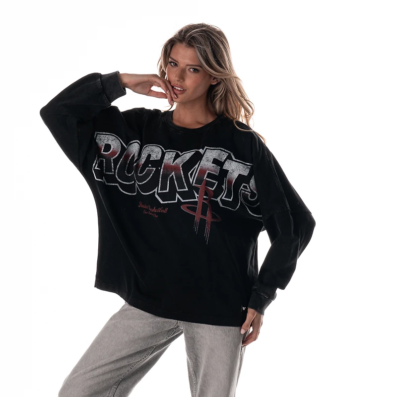 Women's The Wild Collective Black Houston Rockets Oversized Graphic Dolman Long-Sleeve T-Shirt