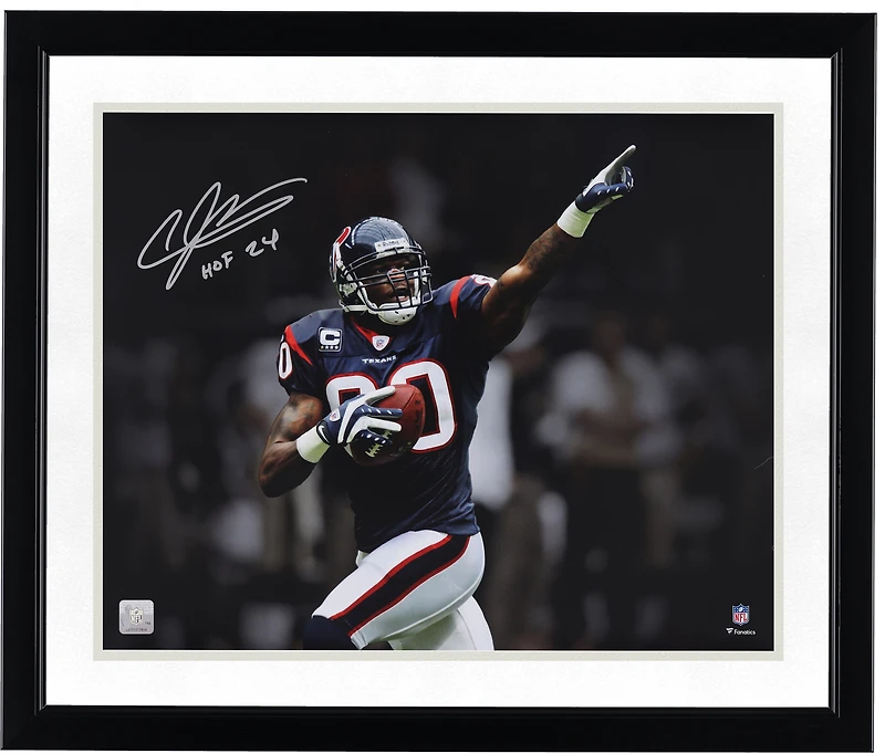 Andre Johnson Houston Texans Autographed 16" x 20" Touchdown Celebration Pointing Spotlight Photograph with "HOF 2024" Inscription