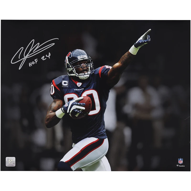 Andre Johnson Houston Texans Autographed 16" x 20" Touchdown Celebration Pointing Spotlight Photograph with "HOF 2024" Inscription