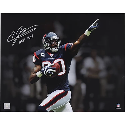 Andre Johnson Houston Texans Autographed 16" x 20" Touchdown Celebration Pointing Spotlight Photograph with "HOF 2024" Inscription