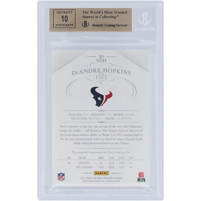 Carte Panini National Treasures 2014 autographiée par DeAndre Hopkins des Houston Texans, bleu #S-DH #1/1 BGS, 9,5/10 authentifiée - Sous-catégories 9,5, 9, 9,5, 10