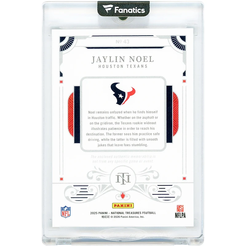 Jaylin Noel Houston Texans 2025 Panini National Treasures Dual Tri-Color Relic #43 #54/99 Rookie Card