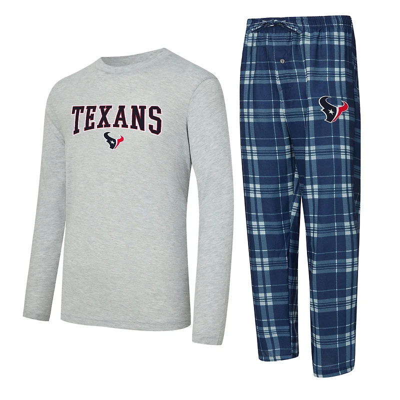 Ensemble t-shirt à manches longues et pantalon carreaux Concepts Sport bleu marine/gris chiné Houston Texans Regulate pour homme