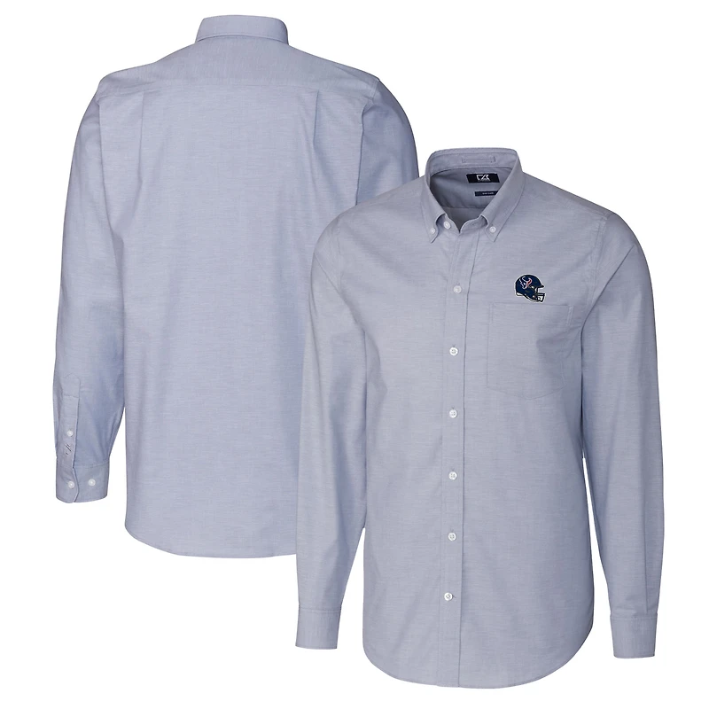 Chemise boutonnée à manches longues en tissu Oxford extensible bleu clair pour homme, modèle Cutter & Buck, motif casque des Houston Texans