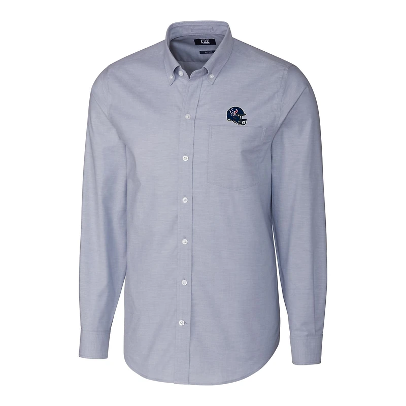 Chemise boutonnée à manches longues en tissu Oxford extensible bleu clair pour homme, modèle Cutter & Buck, motif casque des Houston Texans