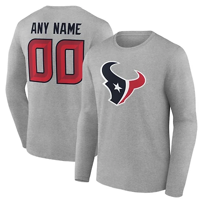 T-shirt à manches longues gris authentique pour homme des Houston Texans, personnalisé avec nom et numéro.