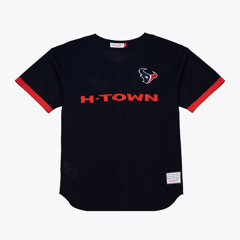 Maillot de mode Mitchell & Ness bleu marine pour homme, modèle Houston Texans Head Coach, en maille et à boutons.